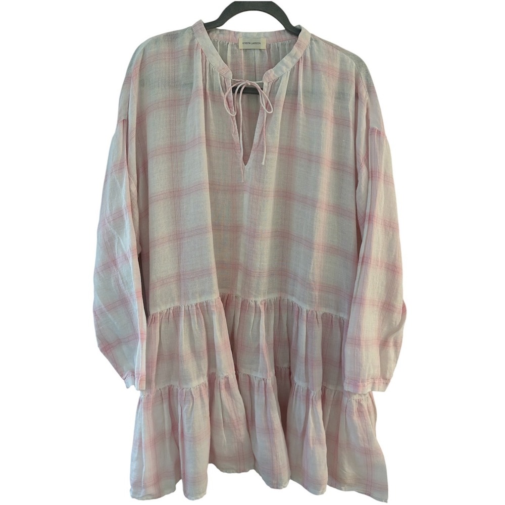 Krista Larson Pink Plaid 100% Linen‎ Tiered Ruffle Oversized Tunic Dress OSFM